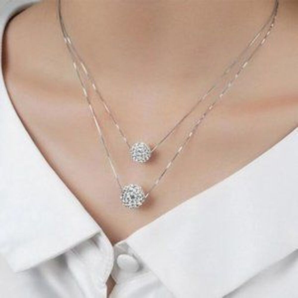 *NEW 925 Sterling Silver Diamond Ball Necklace C4